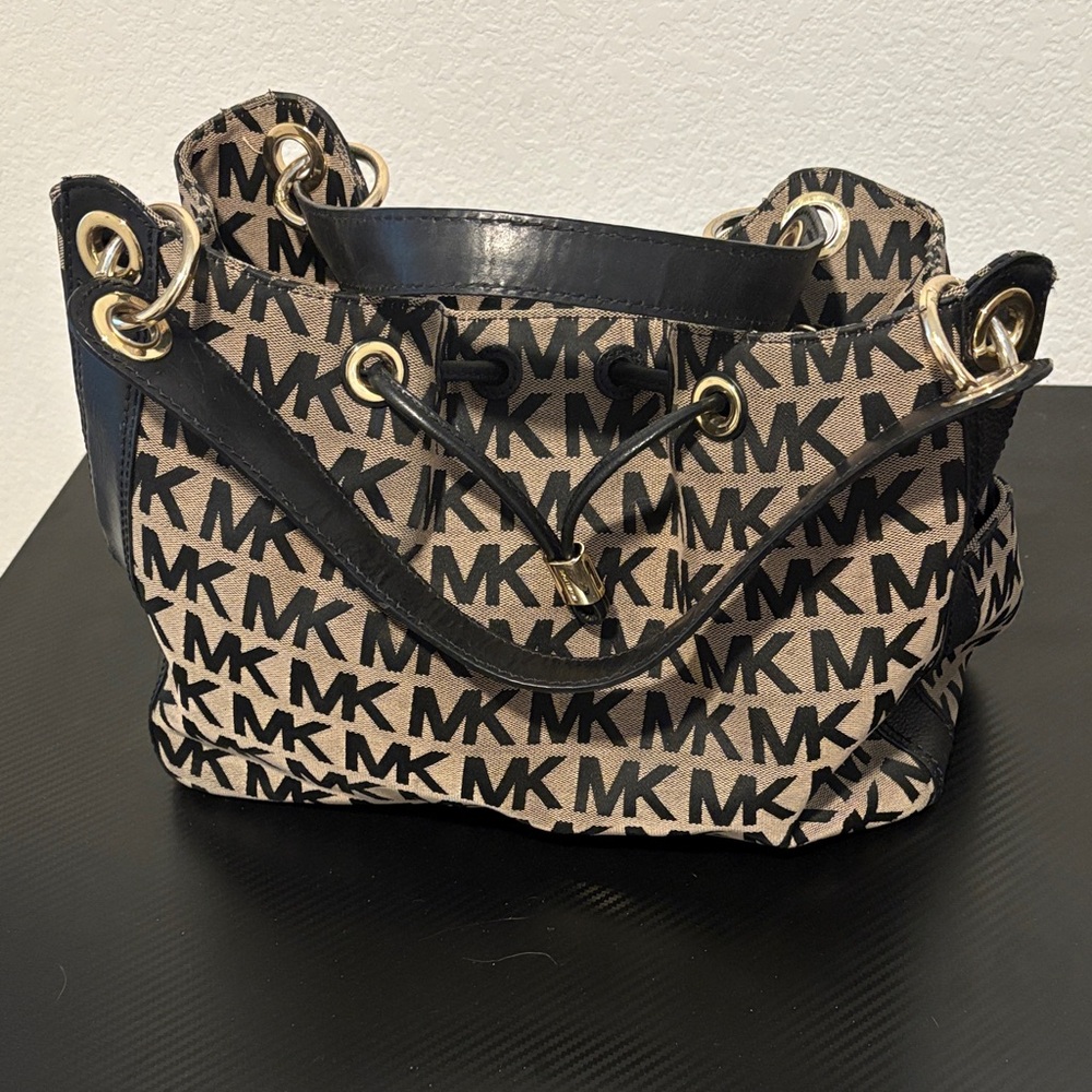 Michael Kors Monogram Black and Tan Shoulder Bag